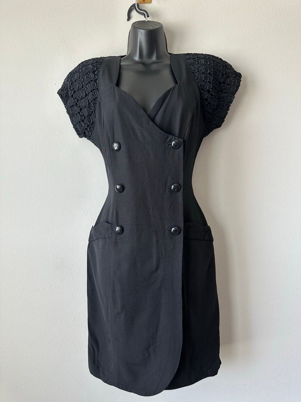 Vintage 80s Black Power Dress Lace Cutout Wiggle Dress Goth Cocktail Size m